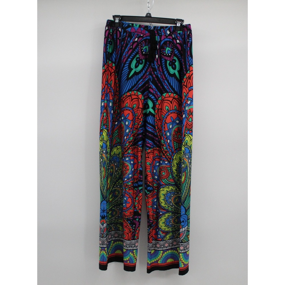 Zac & Rachel Womens Small Paisley Peacock Print Wide Leg Tassel Pants Multicolor